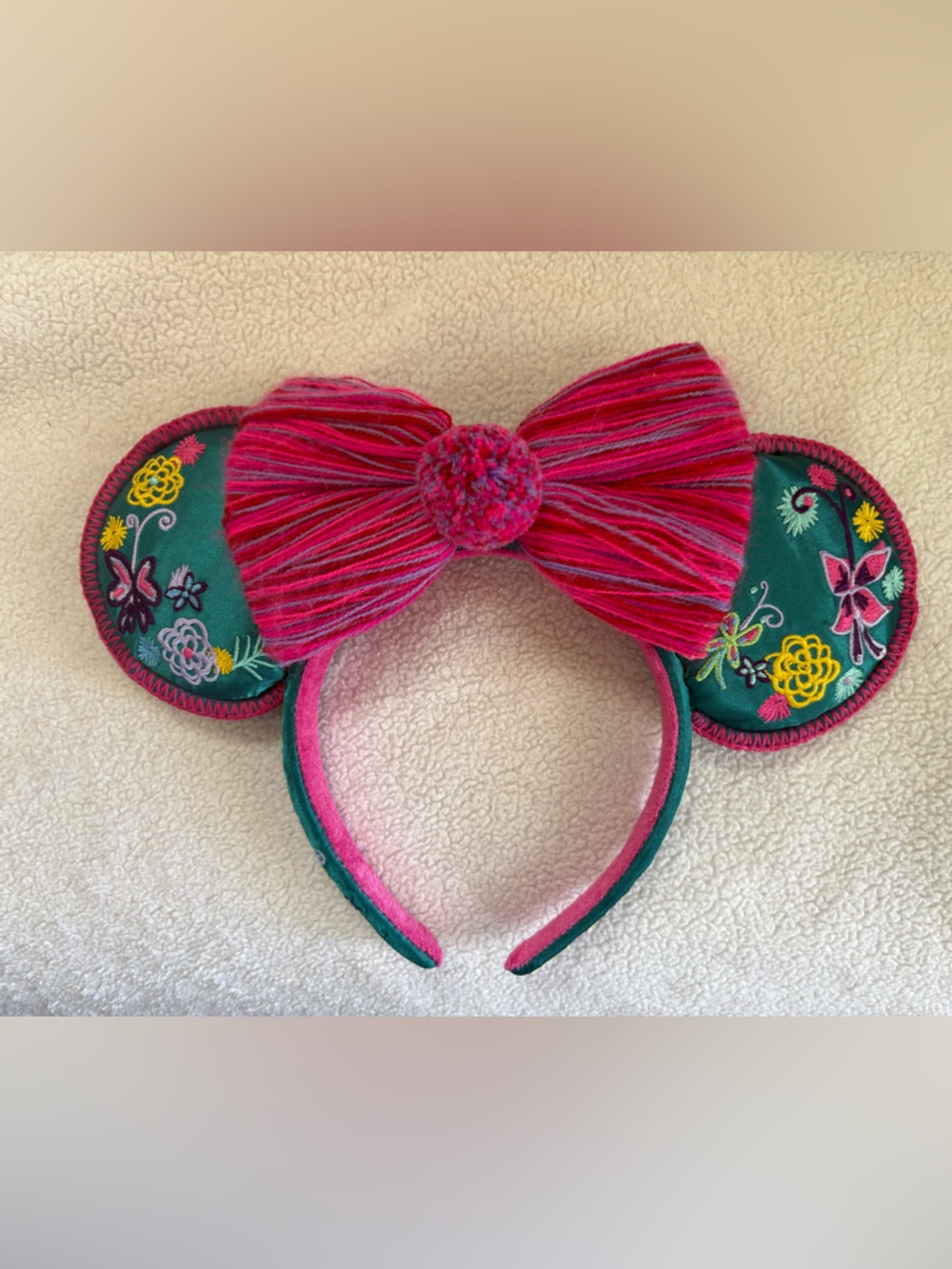 Encanto Minnie Mouse Ears Embroidered Green & Pink Bow Headband